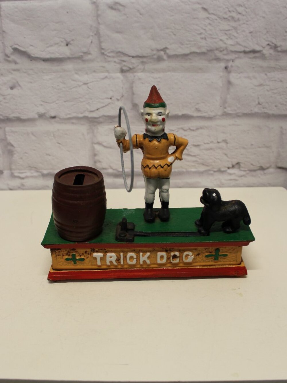 Vintage Trick Dog Cast Iron Mechanical Clown Coin Bank